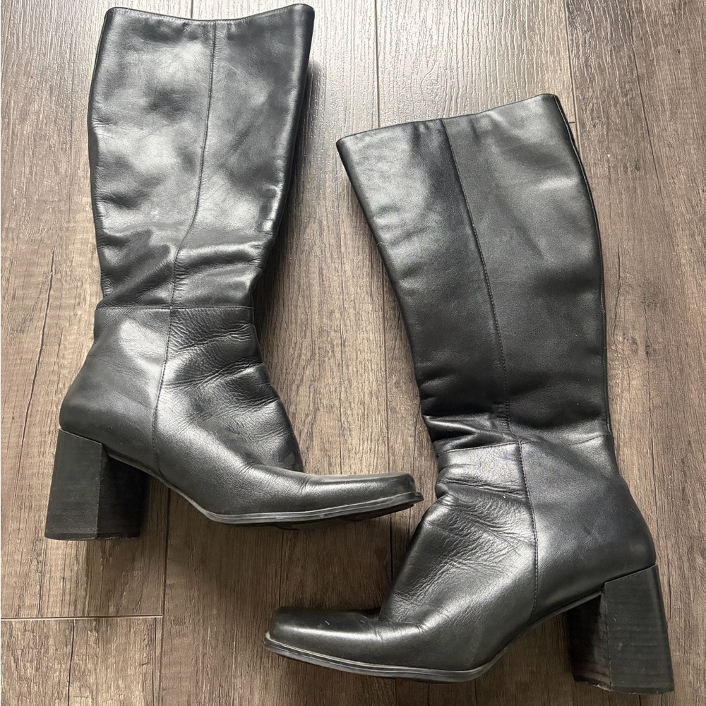 Black Leather Knee-High Boots- Thin Calf